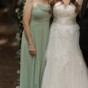 Drape-Neck Faux-Pearl-Strap Sage Dress